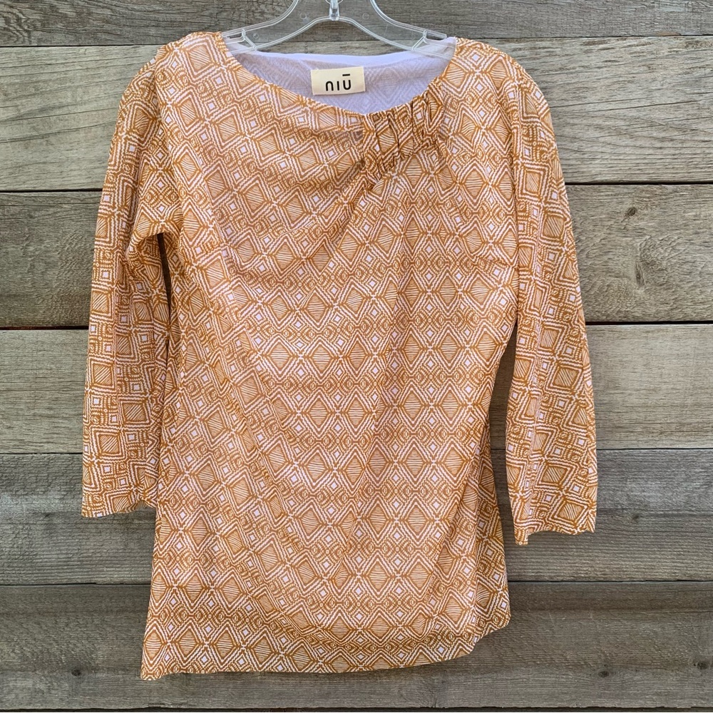Niu Top Womens L Y2K Mesh Tribal Print Semi Sheer Asymmetrical Ruched Neck Tan
